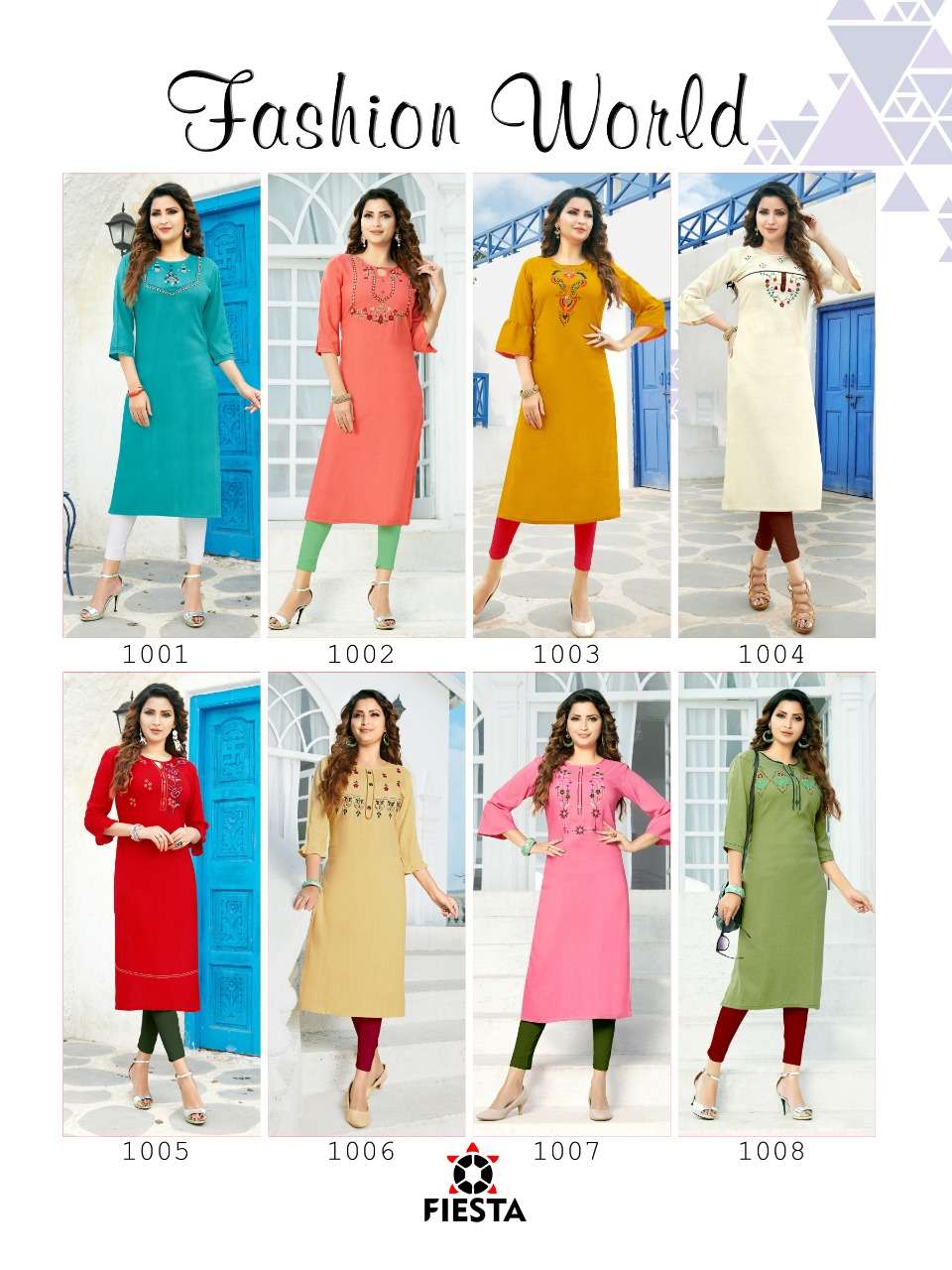 FASHION WORLD BY FIESTA 1001 TO 1008 SERIES BEAUTIFUL STYLISH FANCY COLORFUL CASUAL WEAR & ETHNIC WEAR RAYON SLUB PRINT KURTIS AT WHOLESALE PRICE